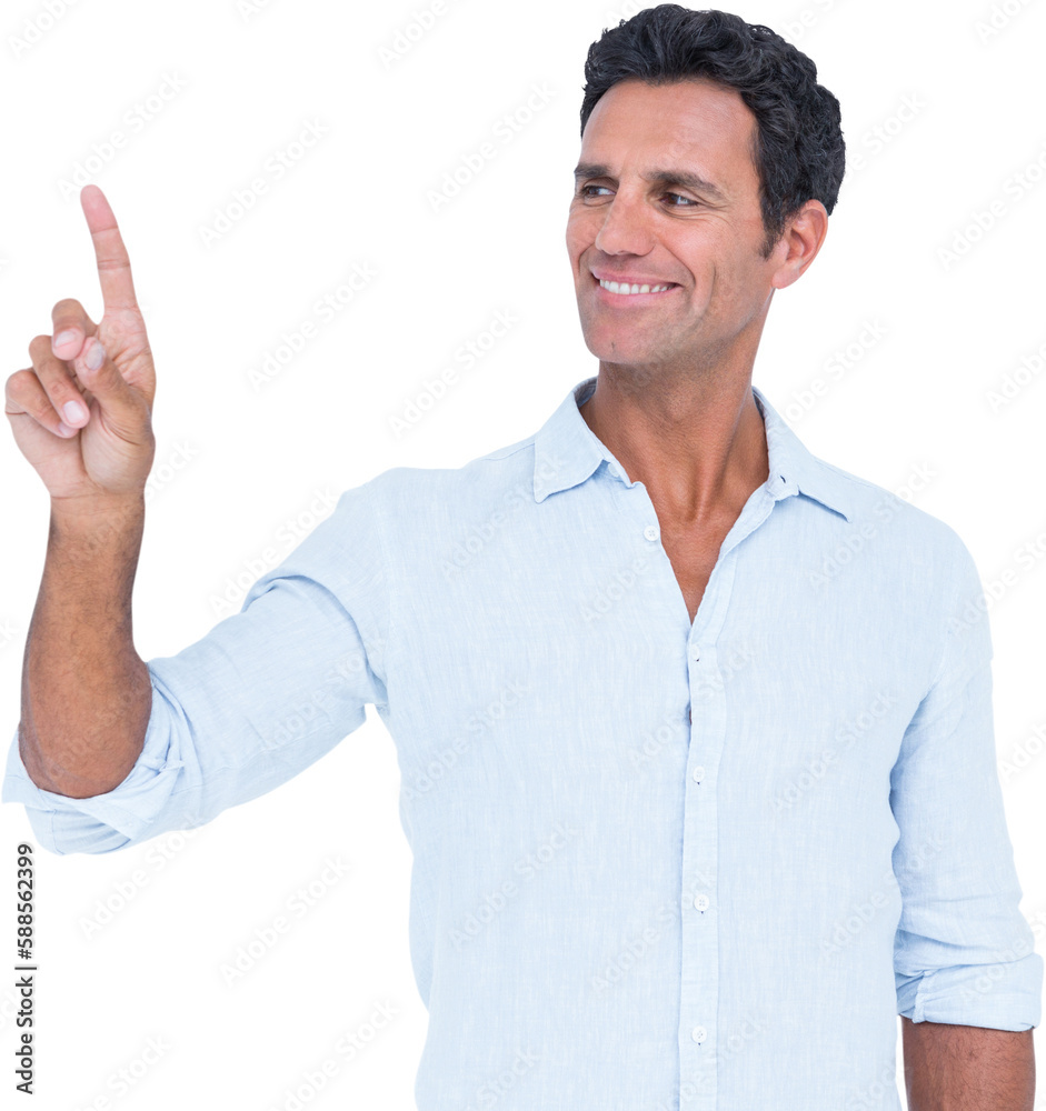 Man pointing at something on white background Man pointing at something on white background