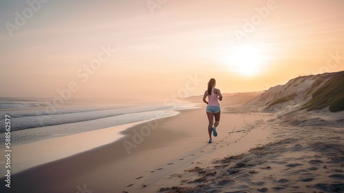 Young woman tourist in sports clothes is enjoying a leisurely run on the beach. The perfect summer day for jogging by the water, AI generative.