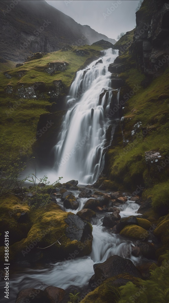 Imaginary waterfall in Scandinavia, AI generative image