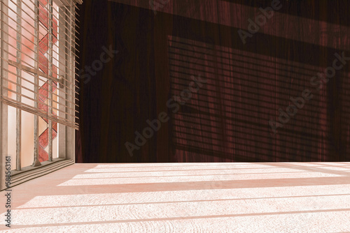 Background of empty interior of mahogany wall with shutter window and concrete floor with light dark reflections. Interiors. Funds for product presentation. 3d rendering photo