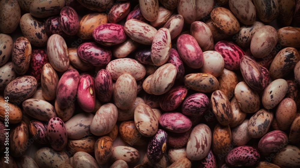 Specked beans closeup shot, flat lay, top view, AI generative Specked beans closeup shot, flat lay, top view, AI generative