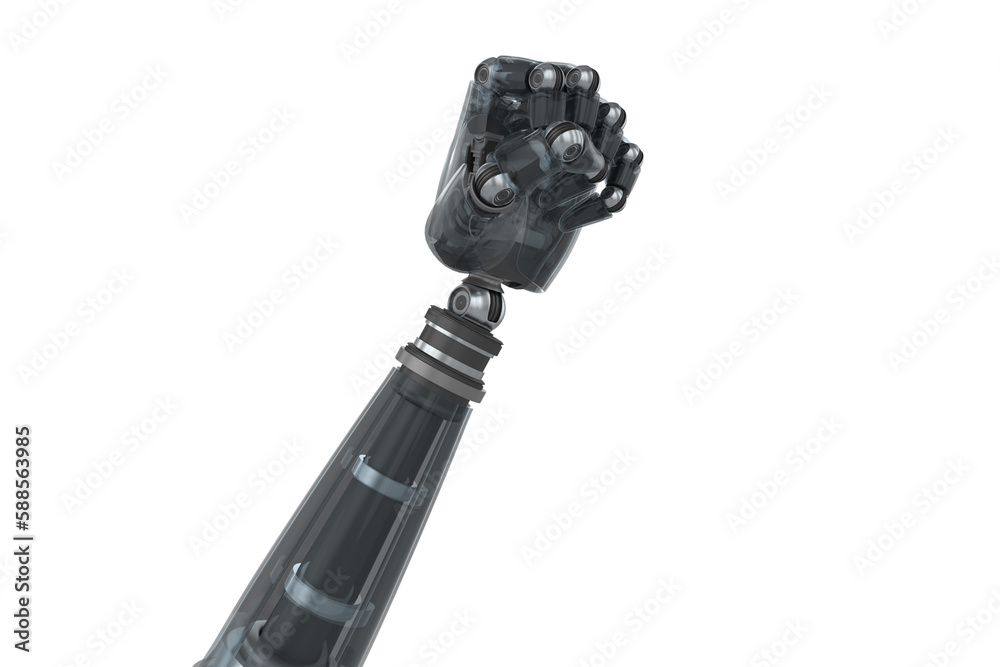 Robot hand with clenching fist against white screen