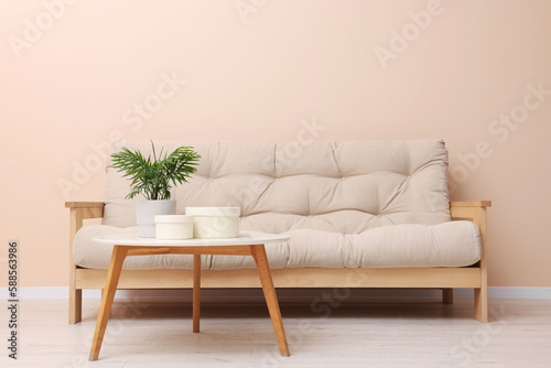Comfortable sofa and houseplant on coffee table indoors. Interior design