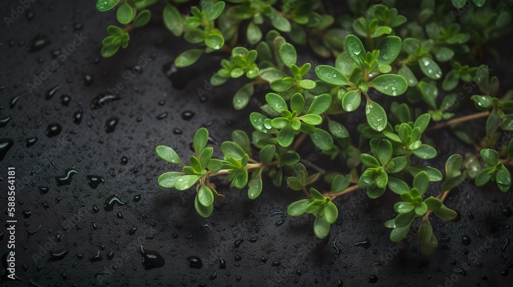 Thyme on black slate, flat lay or top view, AI generative Thyme on black slate, flat lay or top view, AI generative