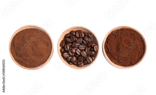 Bowls of beans, instant and ground coffee on white background, top view