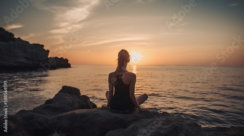 Young woman practicing yoga by the sea at sunset, Beautiful girl meditate outdoor, Harmony, meditation, healthy lifestyle and travel concept © vipcrew