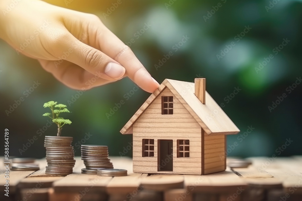model house mortgage financial concept, Hand putting money coin stack with wooden house model house mortgage financial concept, Hand putting money coin stack with wooden house