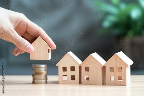 model house mortgage financial concept, Hand putting money coin stack with wooden house
