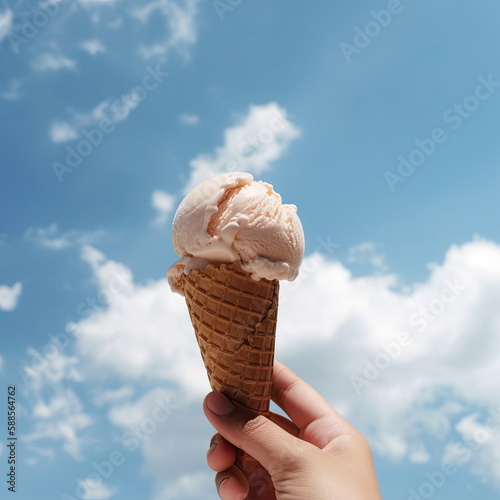 ice cream on hand with sky background © waranyu