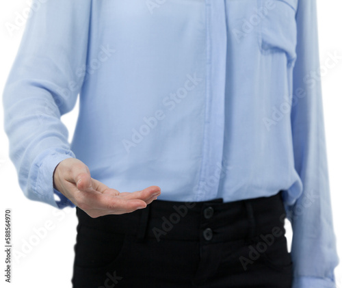 Businesswoman gesturing against white background