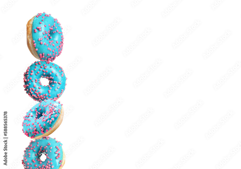 Tasty donuts with sprinkles on white background