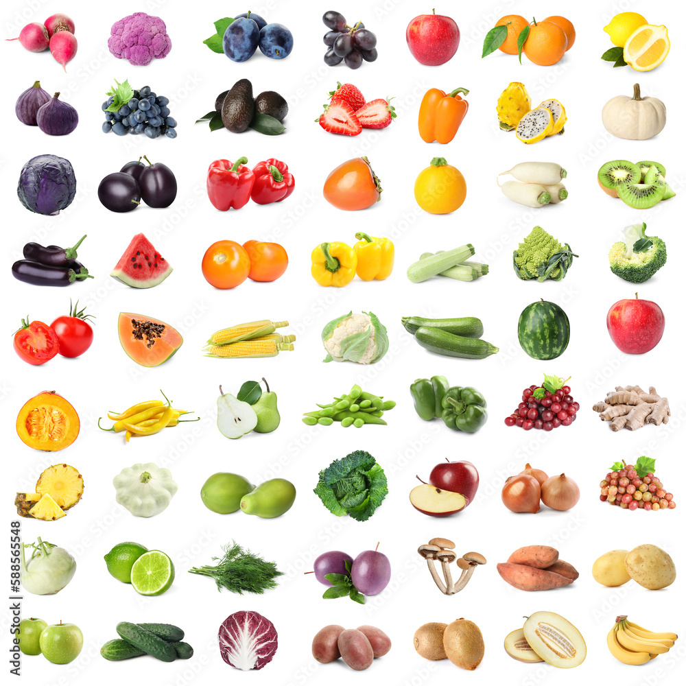 Assortment of fresh fruits and vegetables on white background, collage design Assortment of fresh fruits and vegetables on white background, collage design