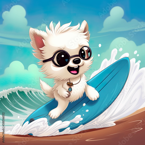 Cute little white puppy dog as surfer, cartoon chibi style, AI generative illustration photo