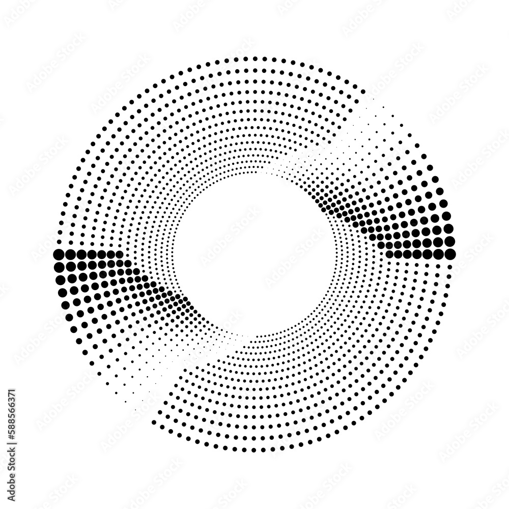 Black  halftone dots in   circle  form. Geometric art. Design element for border frame, round logo, tattoo, sign, symbol, badge, emblem, social media, prints, template, pattern, backdrop