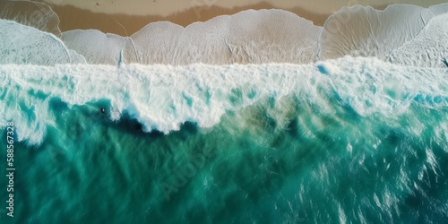 Top-down aerial shot of splashing white waves in the ocean