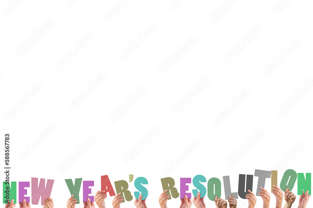 Colorful alphabet spelling new years resolution held up by people Colorful alphabet spelling new years resolution held up by people