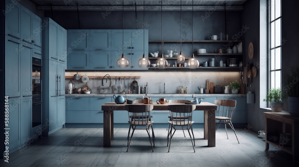 Modern style kitchen interior design with light grey-ish blue wall.