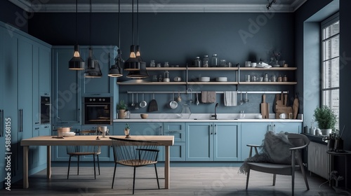 Modern style kitchen interior design with light grey-ish blue wall.