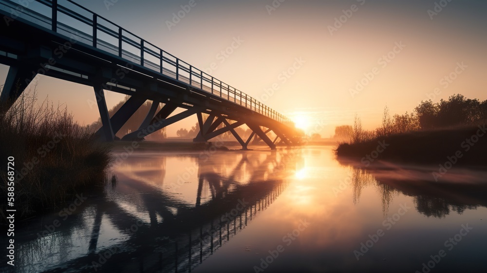 Fototapeta premium Bridge over water with the sunrise in the background, creating a beautiful silhouette, AI generative warm golden landscape