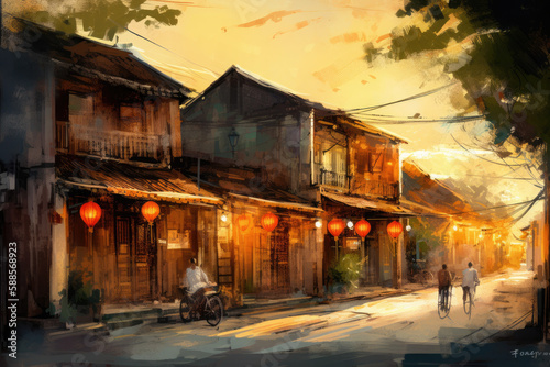 Hoi An ancient town, vietnam, illustration, generative AI