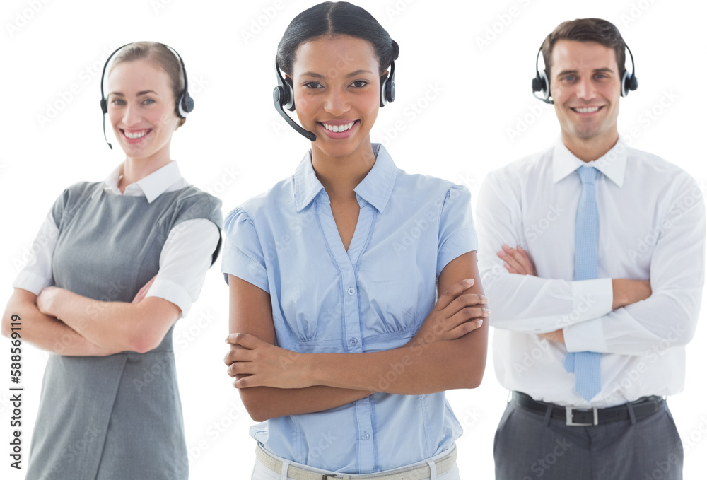 Portrait of call center executives standing with arms crossed Portrait of call center executives standing with arms crossed