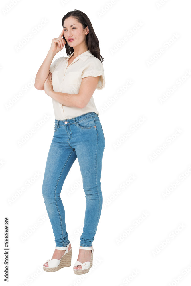 Thoughtful brunette standing hand on temple Thoughtful brunette standing hand on temple