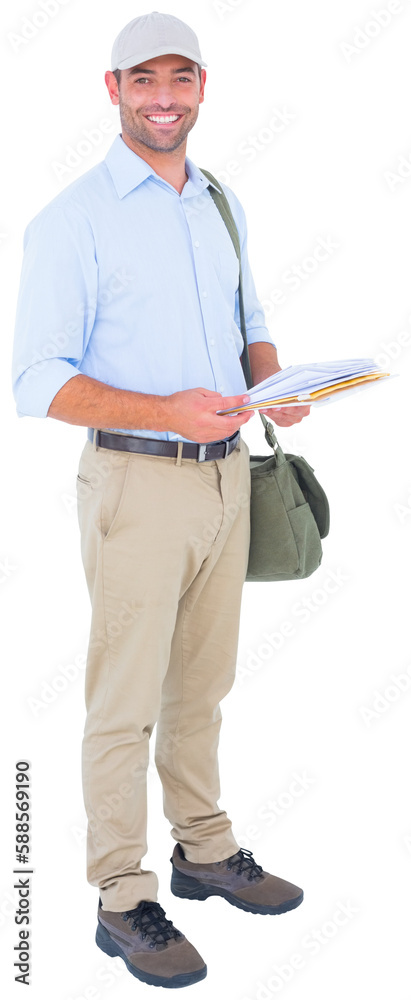 Full length portrait of happy postman with letters Full length portrait of happy postman with letters