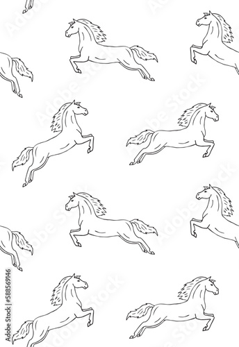 Vector seamless pattern of hand drawn sketch dressage horse jumping isolated on white background
