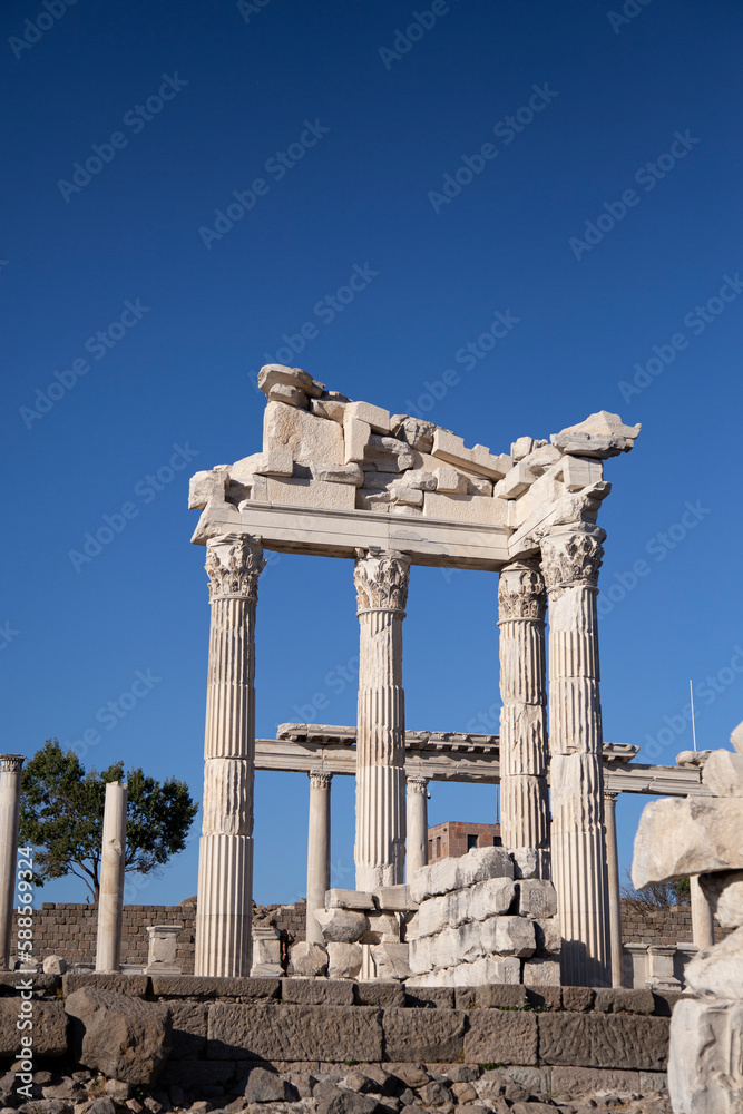 Ruins of the Temple of Trajan the ancient site of Pergamum-Pergamon. Izmir, Turkey. Ancient city column ruins. 