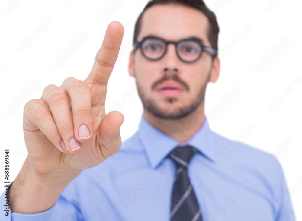 Businessman with glasses pointing something Businessman with glasses pointing something