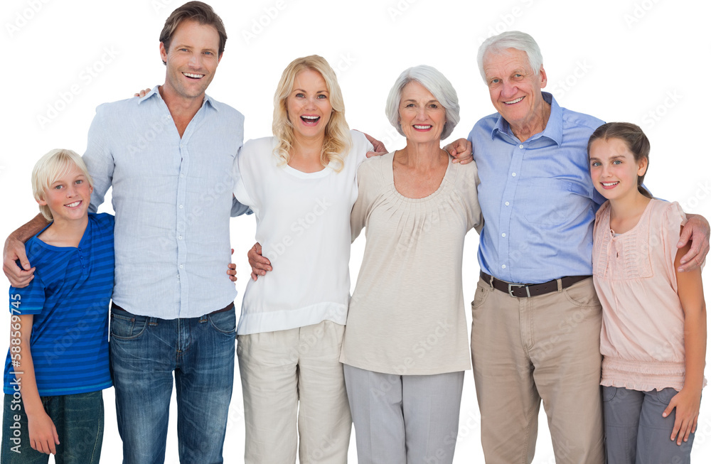 Multi-generation family standing against white background