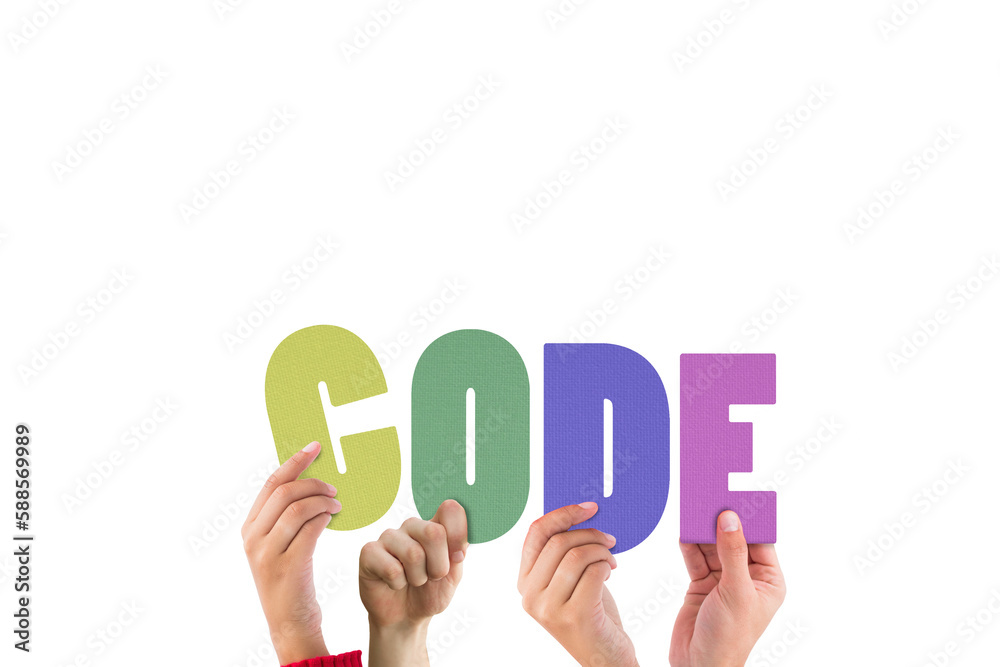 Colorful alphabet spelling code held up by people Colorful alphabet spelling code held up by people