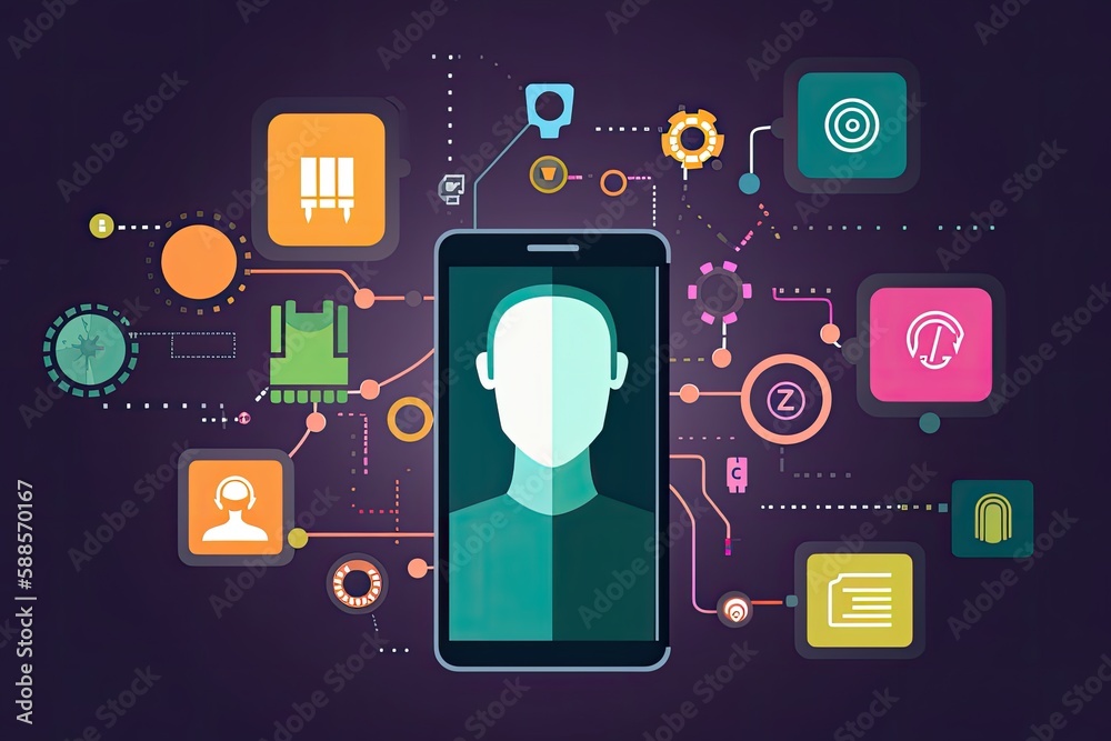 A colorful graphic showing various technological devices and trends. In the center of the graphic is a large smartphone with a face recognition feature  Generative AI