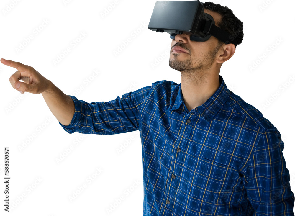 Businessman looking though virtual reality simulator against white background Businessman looking though virtual reality simulator against white background