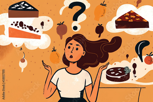 Woman questioning about eating food, food disorder, eating disorder, simple and minimalistic illustration photo