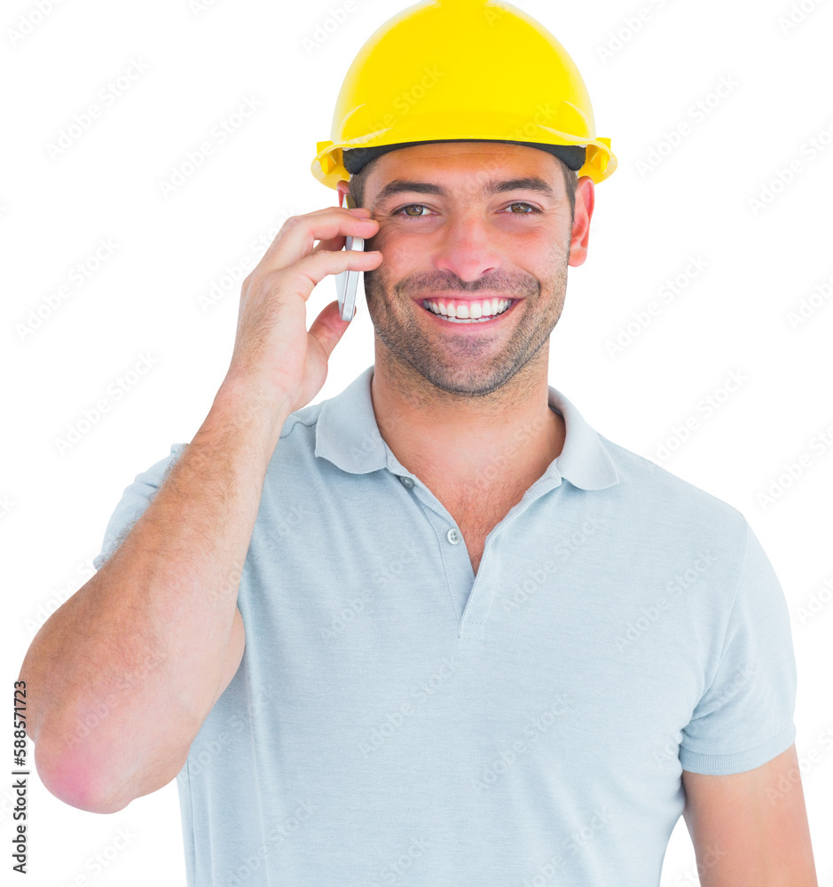 Smiling handyman talking on mobile phone Smiling handyman talking on mobile phone