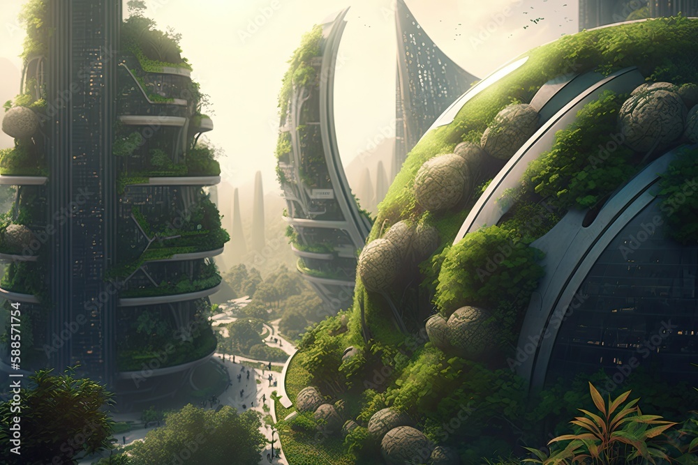 A futuristic cityscape featuring green infrastructure such as rooftop ...