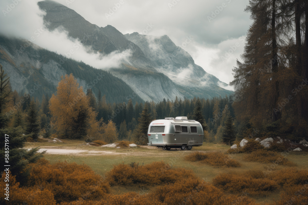 Motorhome camping in the mountains. Generative AI