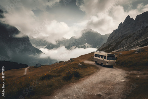 Motorhome camping in the mountains. Generative AI © nornie
