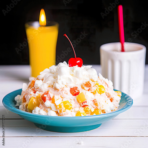 Ambrosia salad on a plate, generative ai