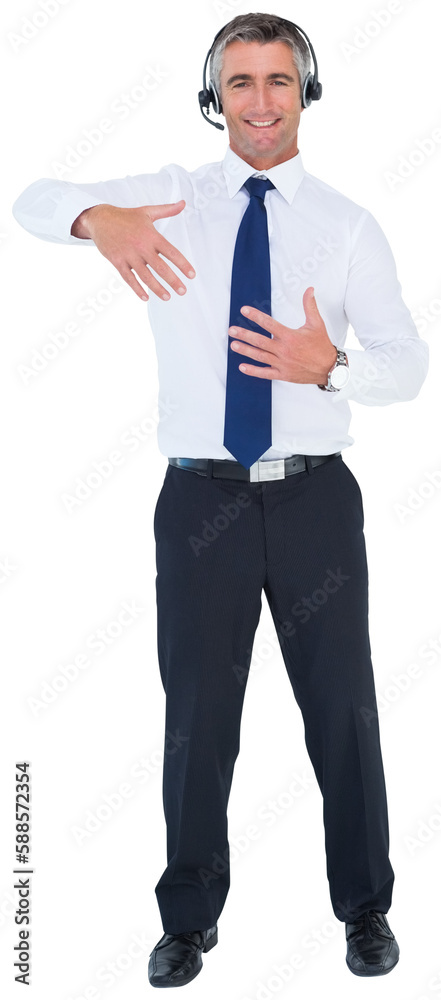 Portrait of call centre executive gesturing on white background