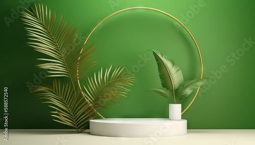 White product podium with green tropical palm leaves and golden round arch on green wall. Generative ai