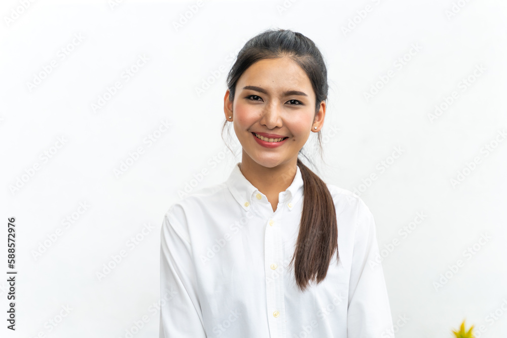 Portrait Young Asian woman. Portrait confident asian women smiling standing isolated on white wall at home. Panorama banner and copy space for text background Portrait Young Asian woman. Portrait confident asian women smiling standing isolated on white wall at home. Panorama banner and copy space for text background