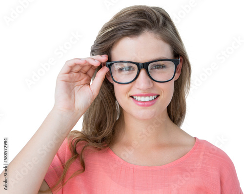 Portrait of smiling woman wearing black eyeglasses 