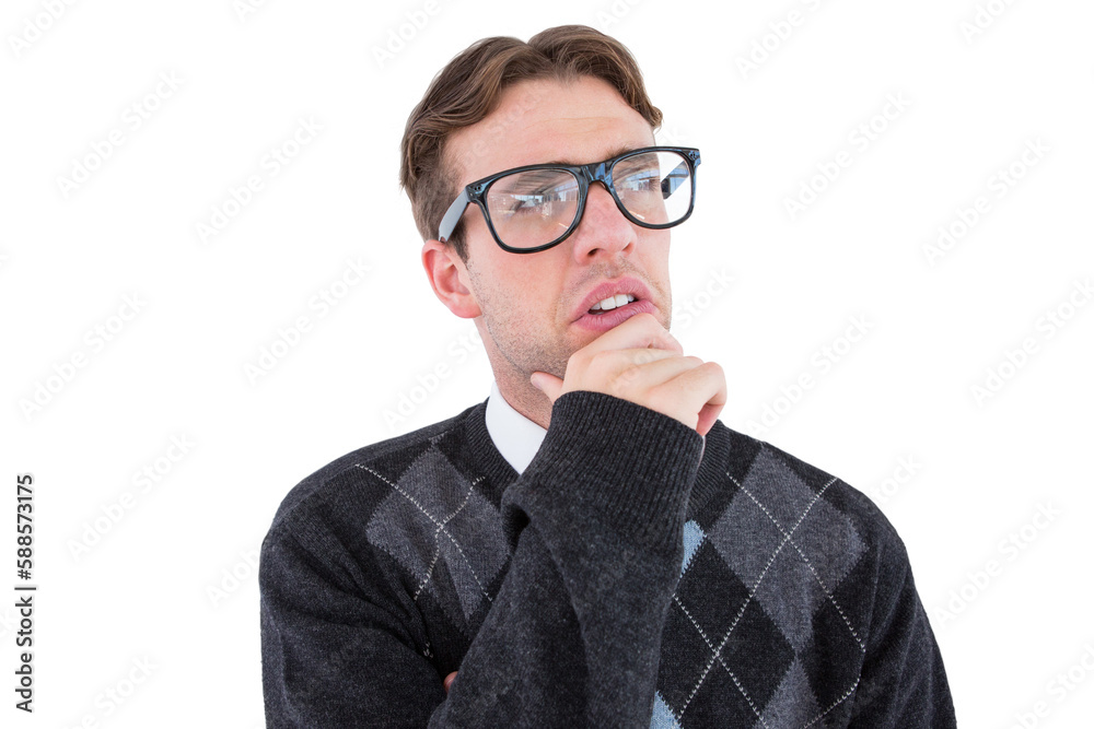 Geeky hipster thinking with hand on chin Geeky hipster thinking with hand on chin