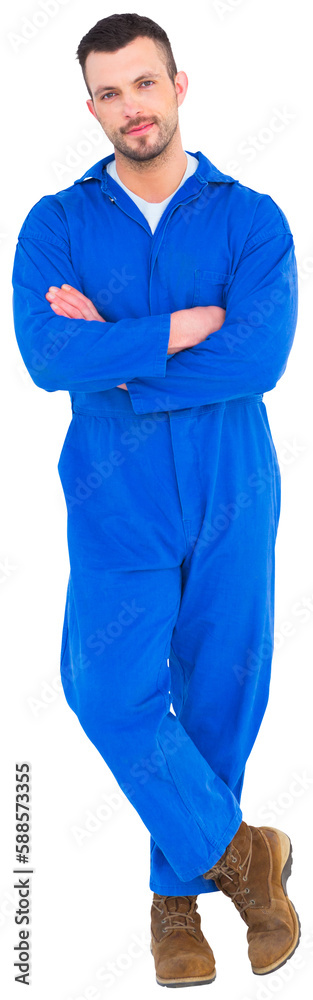 Mechanic standing arms crossed on white background