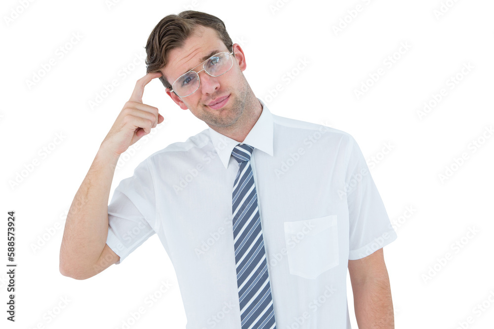 Geeky businessman thinking with finger on temple Geeky businessman thinking with finger on temple