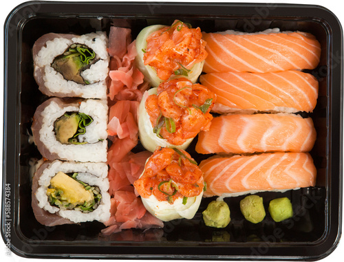 Close up of fresh salmon and sushi in tray