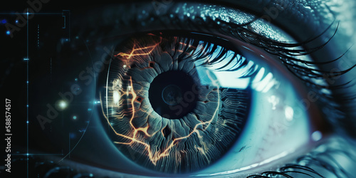 ai generated Robot eyeball close-up with blue pupil scanning an eye
