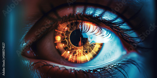 Fototapete ai generated Robot  eyeball close-up with orange pupil scanning an eye